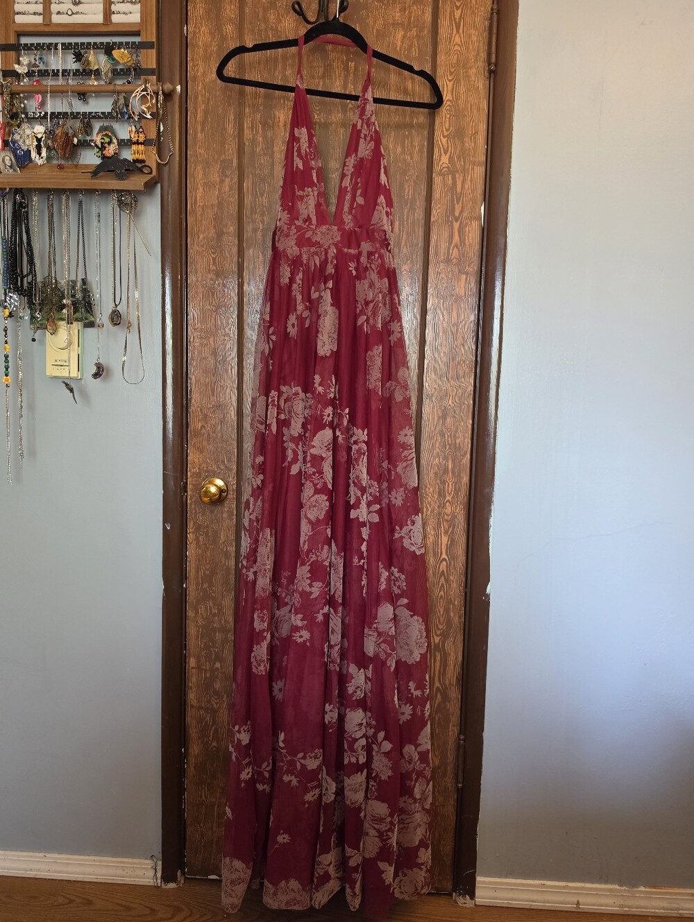 Luxxel Maroonn And Tan Rose Floral Overlay Maxi Skirt w/ Leg Slit